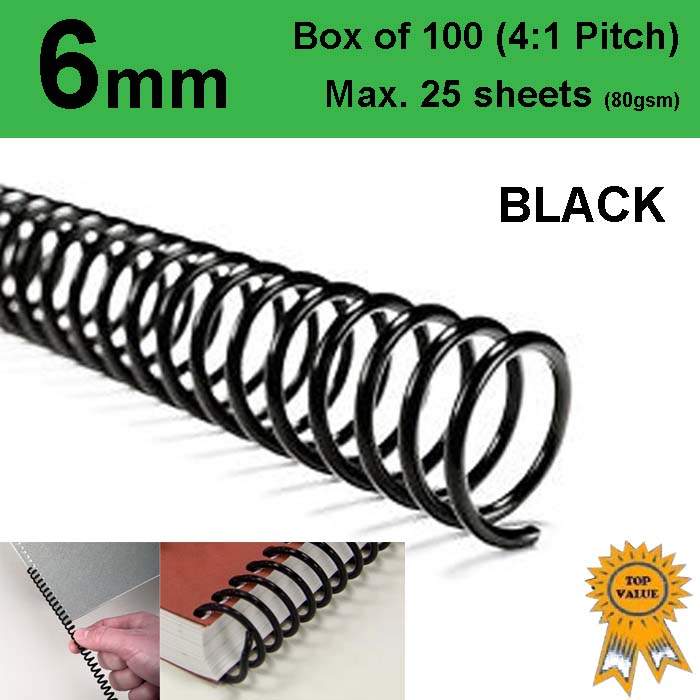 6mm Plastic Spiral Binding Coils 41 pitch Black (Box of 100) Print Finishing Equipment Club